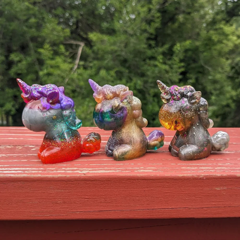 Unicorn Set Three Cute Kawaii Gift Handmade Epoxy Resin Glitter Colorful Rainbow - Picture 8 of 15